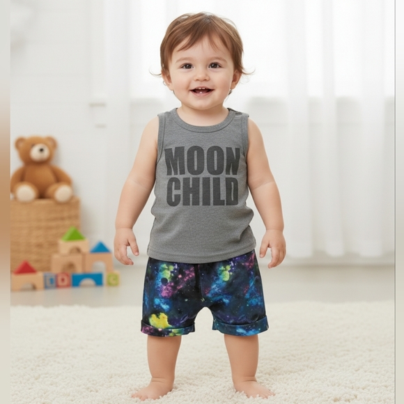 None Other - Toddler Boys "Moon Child" 2-Piece Celestial Outfit Space Theme Summer Clothes